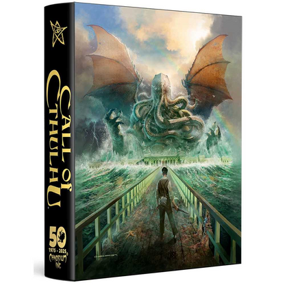 Call of Cthulhu game box with a dragon and ship illustration on a white background. Call of Cthulhu Chaosium 50th Anniversary Slipcase Set RPG Collection