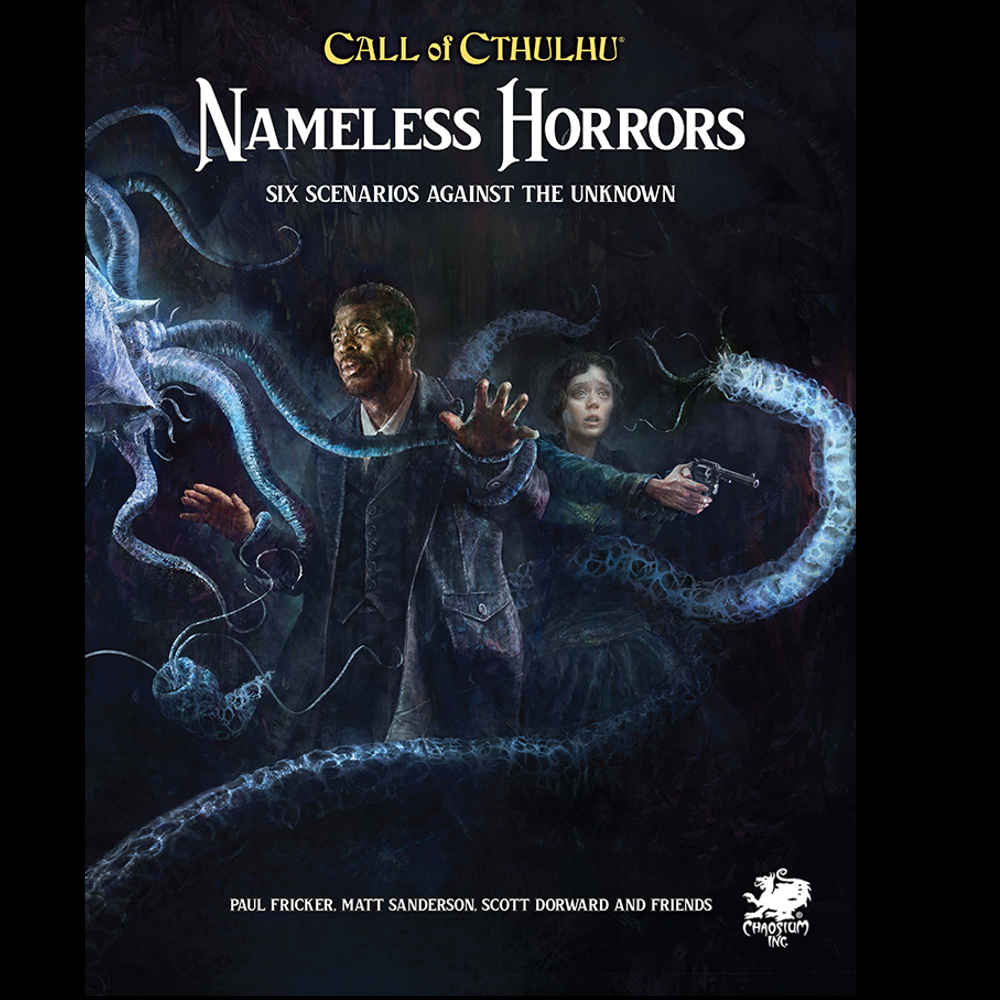 Hardcover Call of Cthulhu Nameless Horrors 2nd Edition RPG book featuring six illustrated horror scenarios with maps and player handouts.