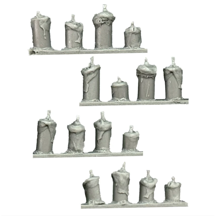 The Candles miniature set features over 30 detailed resin candles on two strips, designed to enhance the ambiance of taverns and dungeons in tabletop gaming.