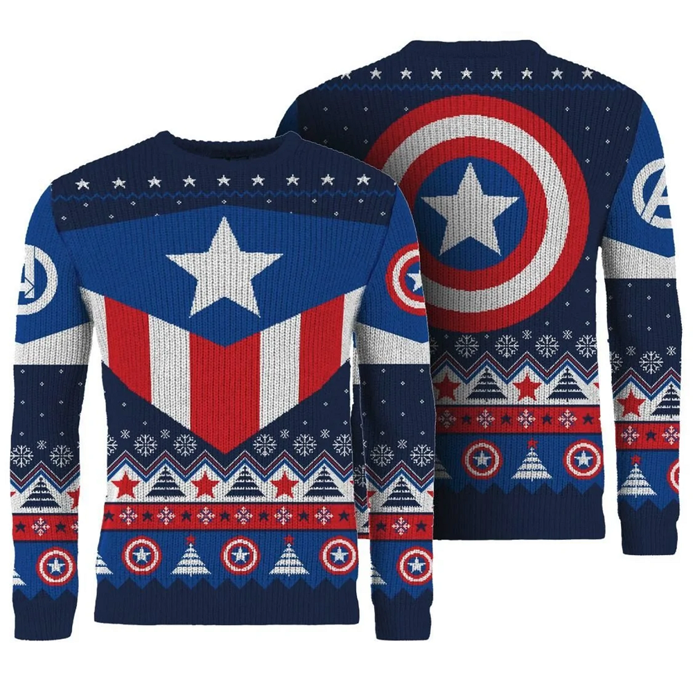 Captain America Christmas jumper. the back and front of a jumper with captain Americas shield of red and white circles with white star in the middle