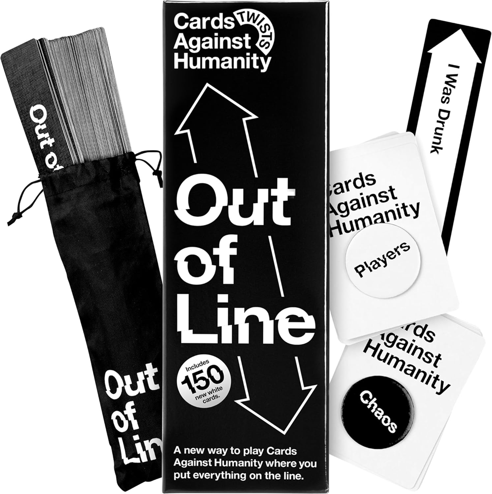 Cards Against Humanity game set with packaging and cards displayed. Cards Against Humanity Out of Line party game expansion with 150 cards and new ranking gameplay