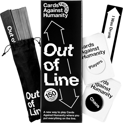 Cards Against Humanity game set with packaging and cards displayed. Cards Against Humanity Out of Line party game expansion with 150 cards and new ranking gameplay