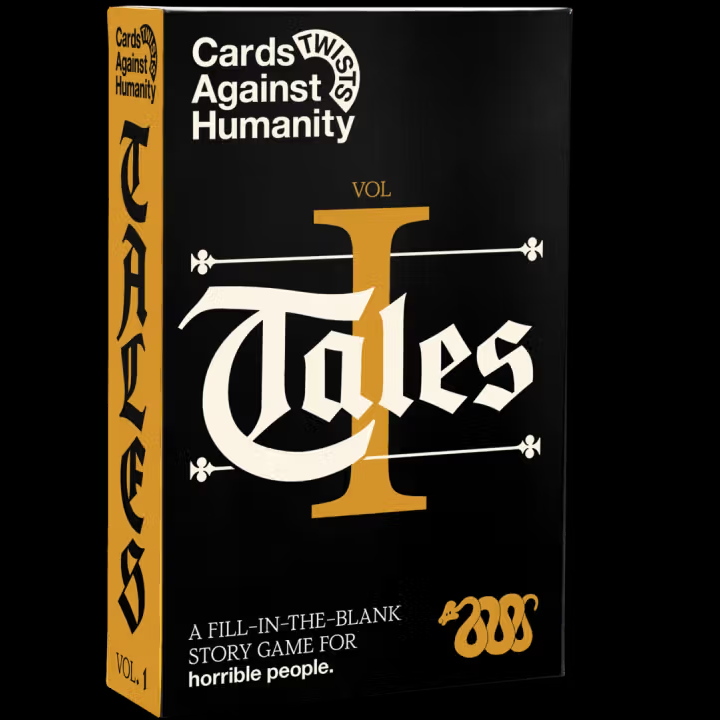 Cards Against Humanity Tales, fill-in-the-blank story game for 2+ players, includes leatherbound book and prompt cards, compatible with CAH decks.