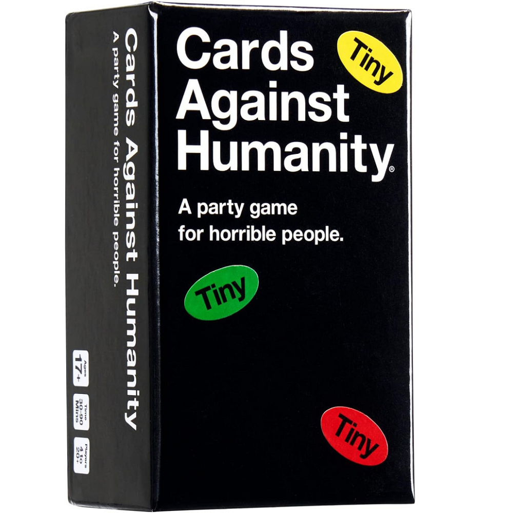 Miniature Cards Against Humanity Tiny Edition box with tiny-sized black and white cards.