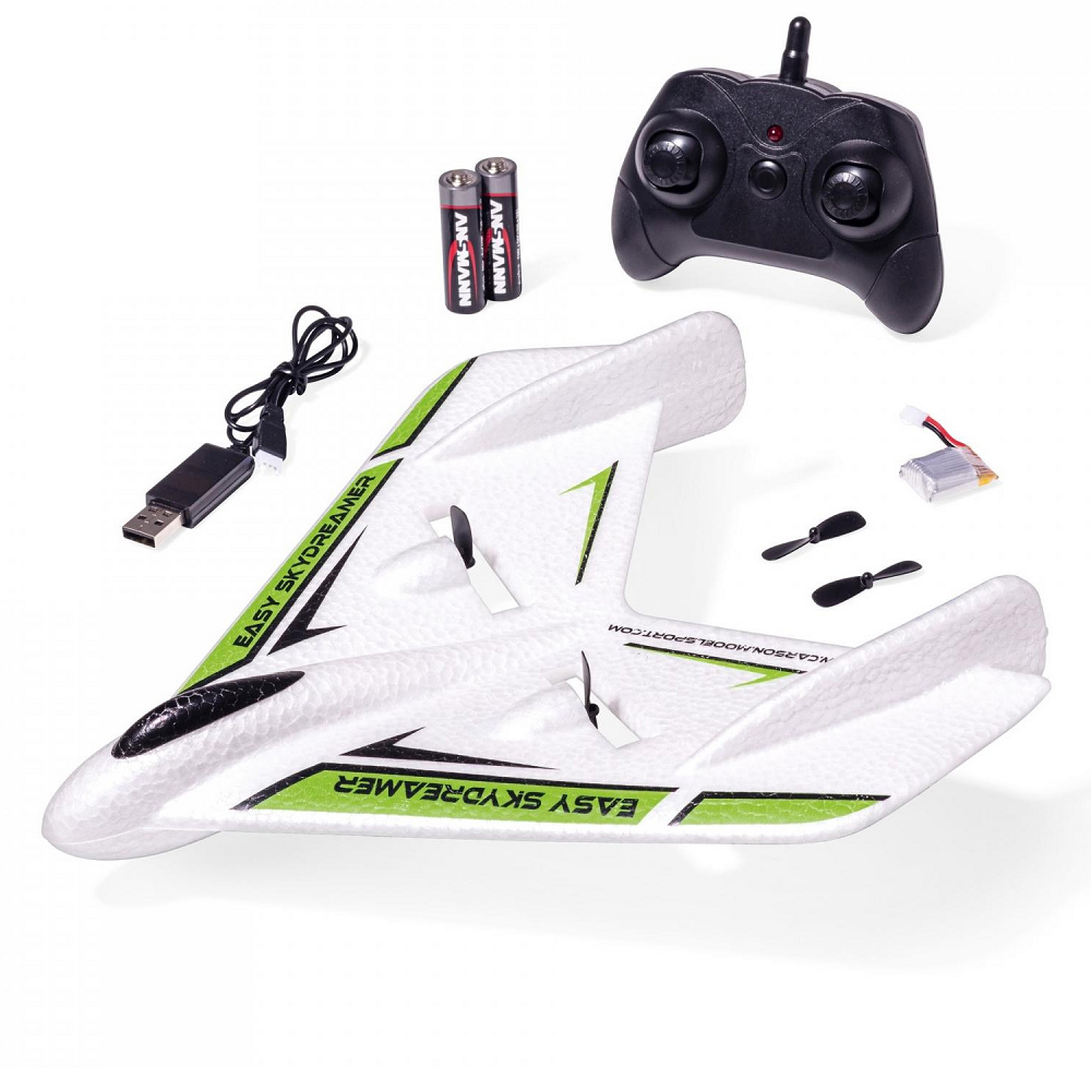 green remote control glider with wide wings and a lightweight foam-like body, built for stable outdoor flight and easy handling for new rc enthusiasts.