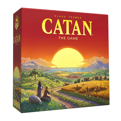 The box showcases vibrant artwork depicting explorers on a hexagonal island, surrounded by lush landscapes and resources, inviting players into the world of Catan.