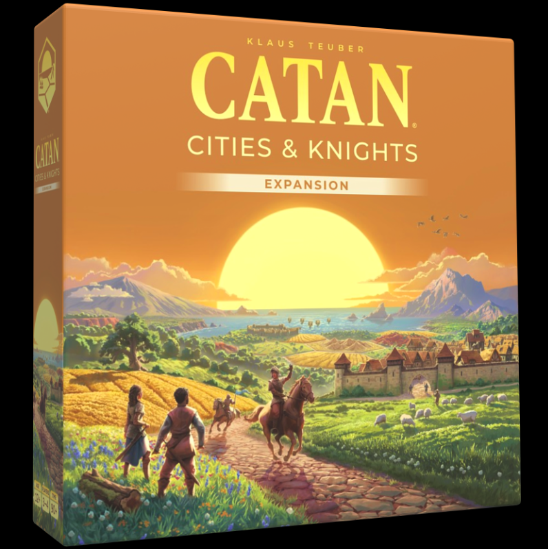 The box features dynamic artwork of knights defending Catan from barbarians, with vibrant cities and landscapes, capturing the essence of adventure and strategy in the game.