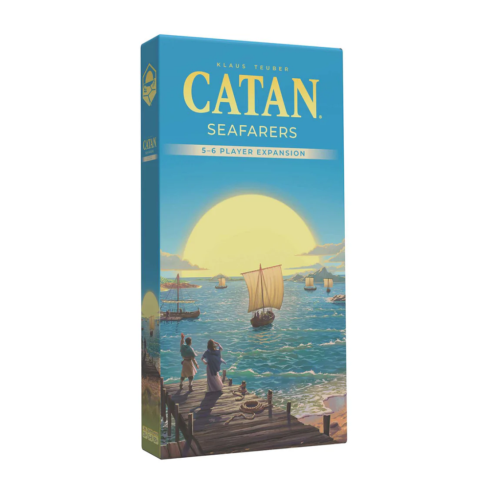 The box features vibrant artwork of ships sailing through the ocean, with players exploring islands and engaging in trade, capturing the spirit of adventure in Catan.
