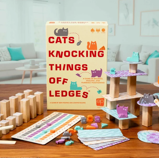 Cats Knocking Things Off Ledges board game with cats platforms pillars and toys
