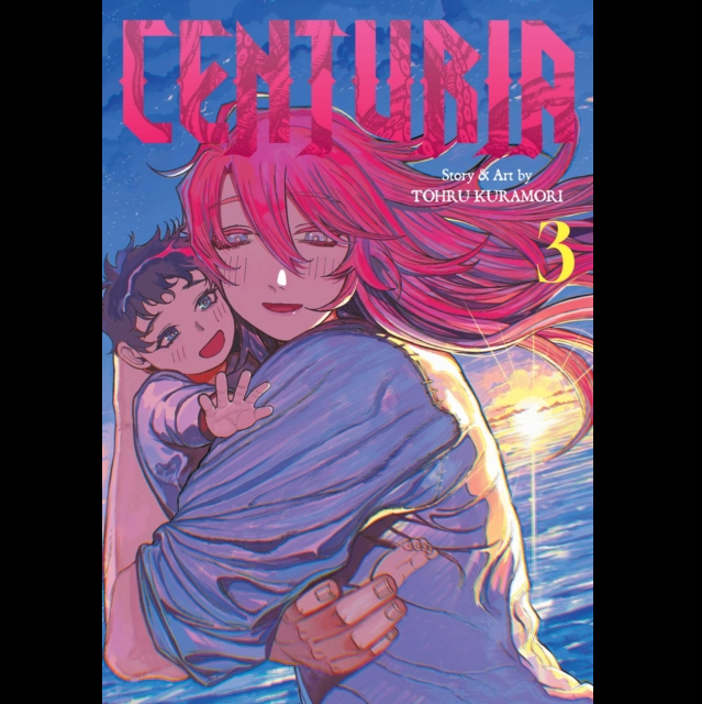 Manga cover art for Centuria Volume 3, featuring a woman with long pink hair in a blue robe hugging a small boy under a glowing sun, with the title 'CENTUBIA' in large pink letters at the top and the creator credit 'TOHRU KURAMORI' below it. Centuria Vol 3 