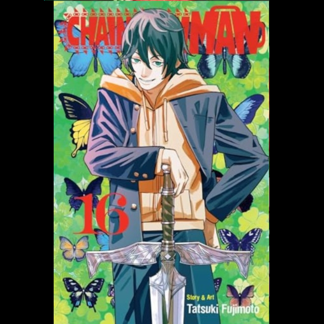 Chainsaw Man, Vol. 16 by Tatsuki Fujimoto. Manga book cover with an character holding a sword and surrounded by butterflies on a green background