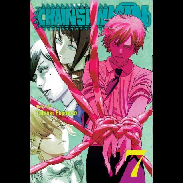 Chainsaw Man, Vol. 7 cover featuring dynamic artwork of Denji in his chainsaw form, surrounded by shadows of assassins, set against a vibrant manga backdrop.