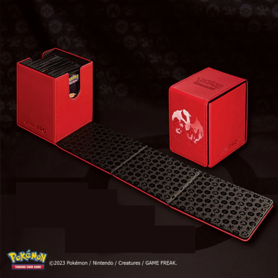 Charizard Alcove Flip Deck Box. Premium Pokémon TCG deck box with a debossed Charizard design, magnetic closure, and dual thumb notches. Holds 100+ double-sleeved cards.
