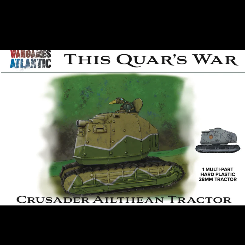 Model of a Crusader Ailthean Tractor with branding and product details on a green background