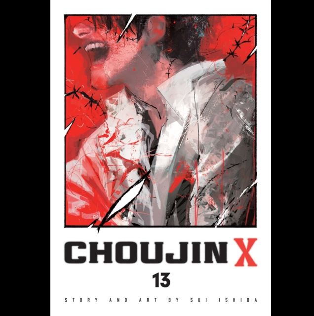 Choujin X Issue 13 cover art by Sui Ishida, featuring a stylized illustration of a screaming man in a white shirt against a red and black background, with the title and issue number displayed below.