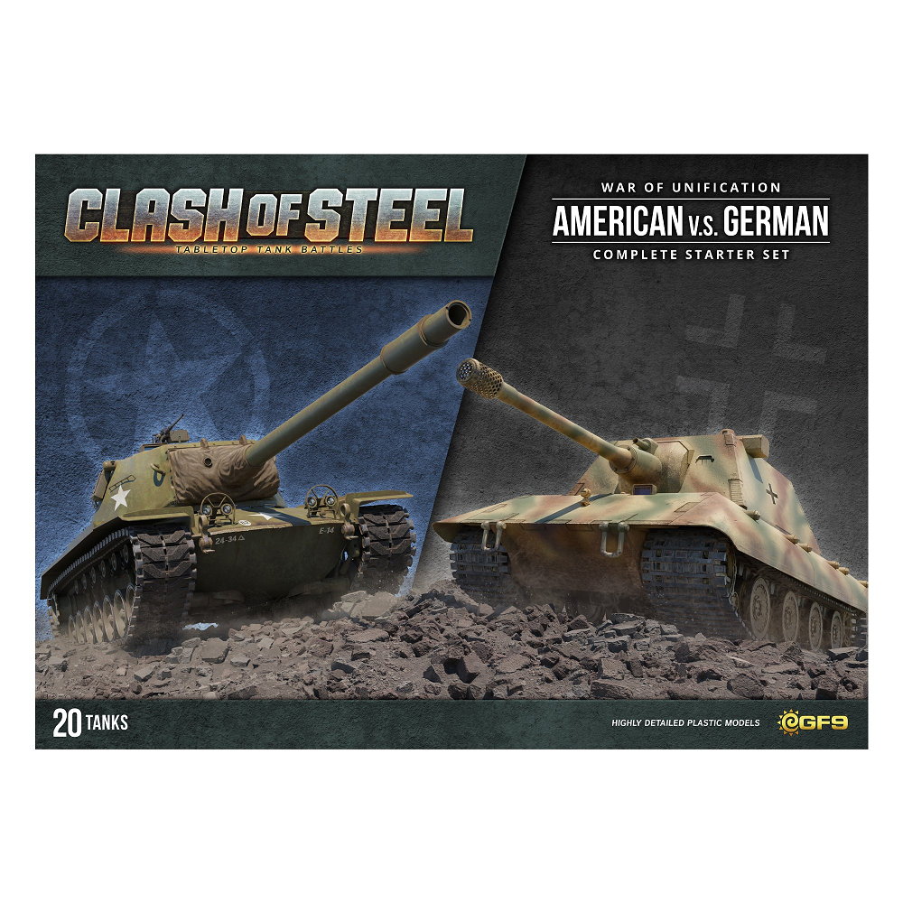 Clash of Steel - War of Unification. Starter set featuring American vs German forces with 20 1/100 scale tank models, unit cards, rules, dice, and tokens.
