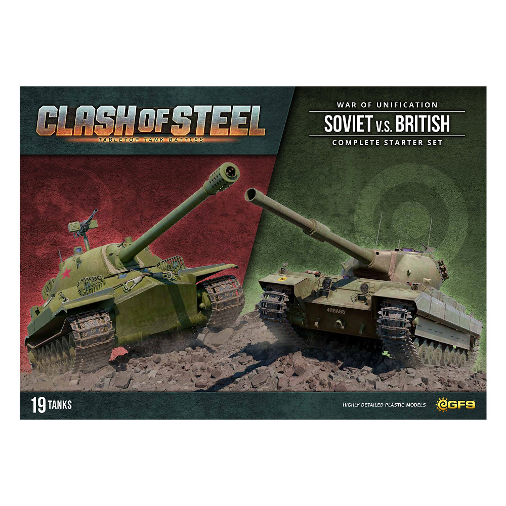 Clash of Steel - War of Unification. Starter set with 19 tanks, unit cards, decals, rules, and tokens. Features Soviet vs British forces in 1/100 scale gameplay.