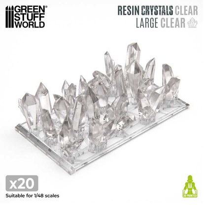 Set of 20 large clear resin crystals by Green Stuff World, ideal for miniature bases, fantasy dioramas, and wargaming. Epoxy varnished for long-lasting brilliance.