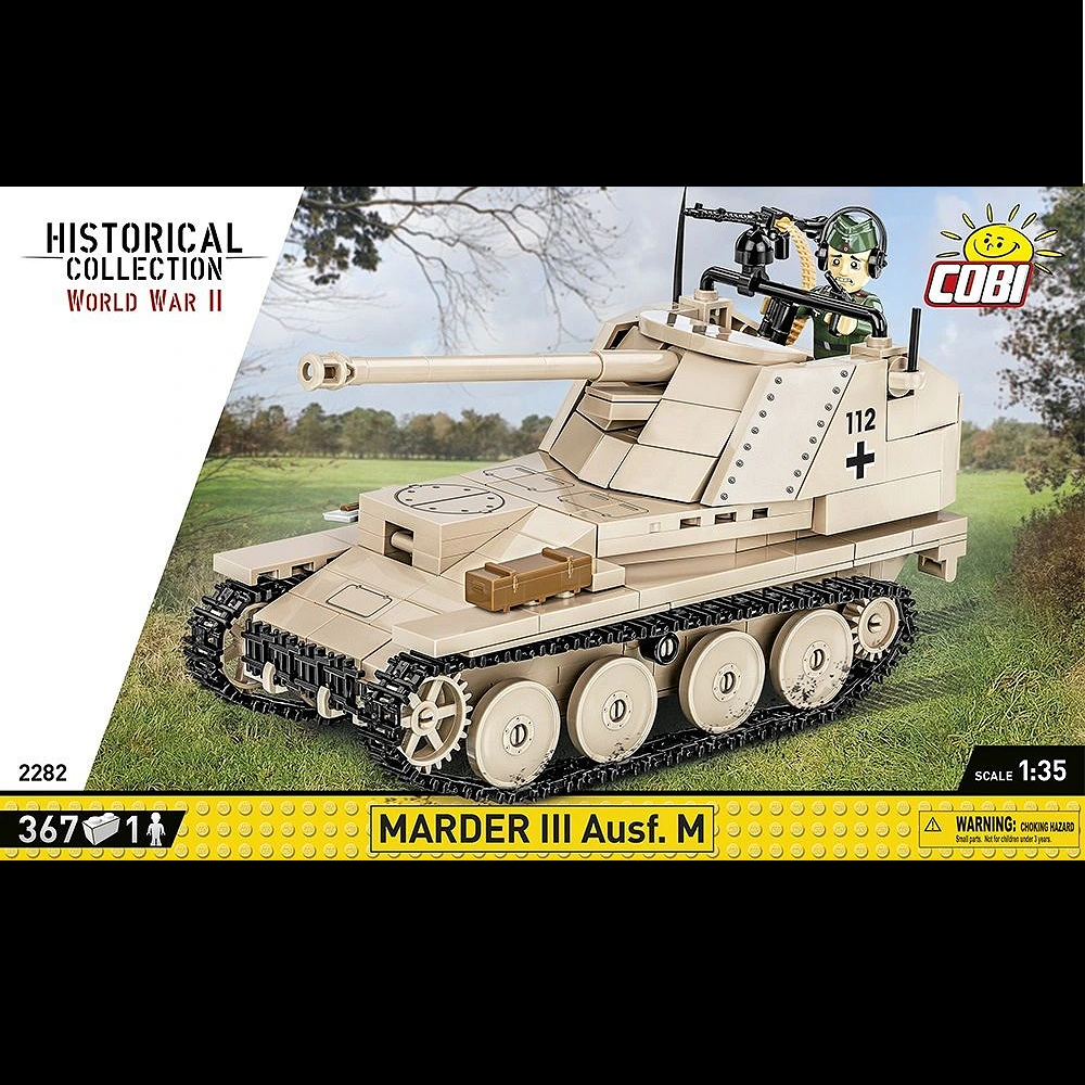 Cobi Marder III Ausf.M model kit, 1:35 scale, includes 367 building blocks and a German tank destroyer commander figure, featuring movable cannon and working caterpillar traction.