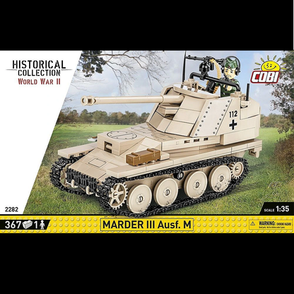 Cobi Marder III Ausf.M model kit, 1:35 scale, includes 367 building blocks and a German tank destroyer commander figure, featuring movable cannon and working caterpillar traction.