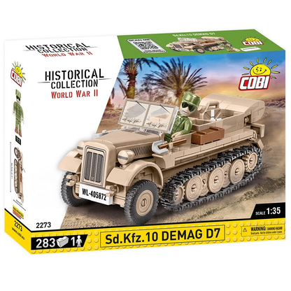 Cobi Sd.Kfz 10 Demag D7 model kit, 1:35 scale, includes 283 building blocks and a DAK soldier figure, featuring moving parts and accessories like a spade and crowbar.