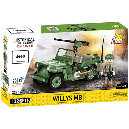 Cobi Willys MB model kit, licensed Jeep product, 80th anniversary D-Day edition, includes 132 building blocks and a figurine, measuring 5cm x 10.5cm, compatible with Lego.