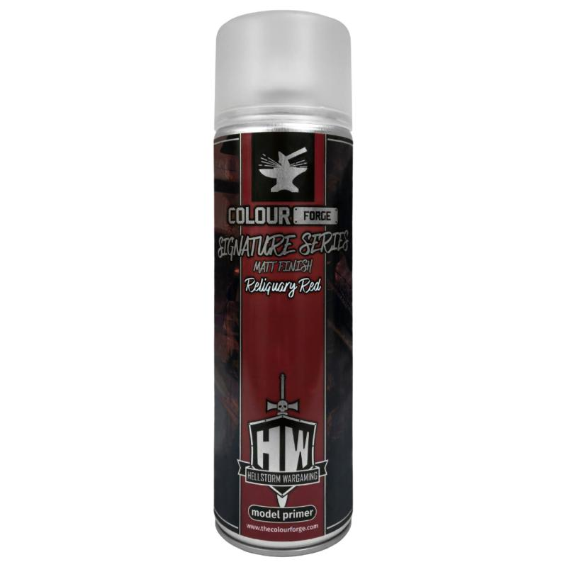 An image of a rattle can spray with dark red stripe & silver writing. A 500ml can of Colour Forge Signature Series Model Primer Reliquary Red. A matt finish model primer which is a colour match to Games Workshop Citadel Khorne Red.