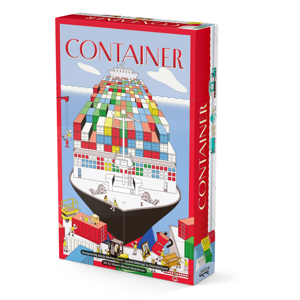 The board game box for 'Container' by Super7, featuring a colourful illustration of a cargo ship stacked with shipping containers on a blue sky background. Container Board Game with ships factories containers player boards and game components