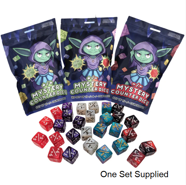 Three packages of 'Mystery Counter Dice' with dice set displayed in front on a white background.