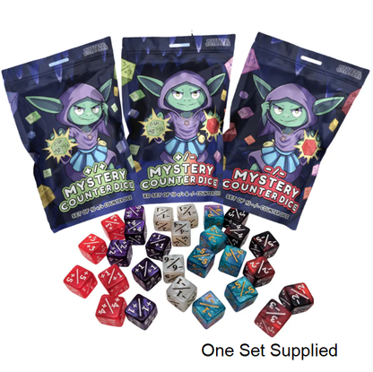 Three packages of 'Mystery Counter Dice' with dice set displayed in front on a white background.