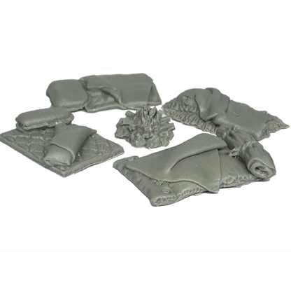 Adventurer's Camp resin set with four bedrolls and a campfire. Five-piece miniature set for tabletop RPGs, wargames, and painting projects.