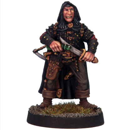 Crooked Dice Assassin. Miniature figurine of a warrior holding a sword on a white background