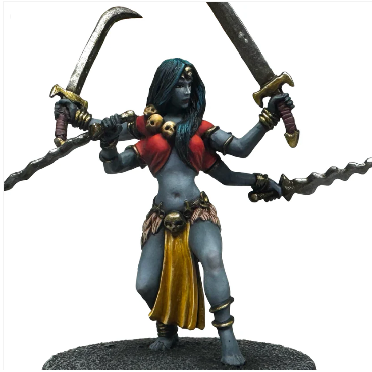 Crooked Dice Avatar of Kali. Fantasy figurine with dual swords on a white background