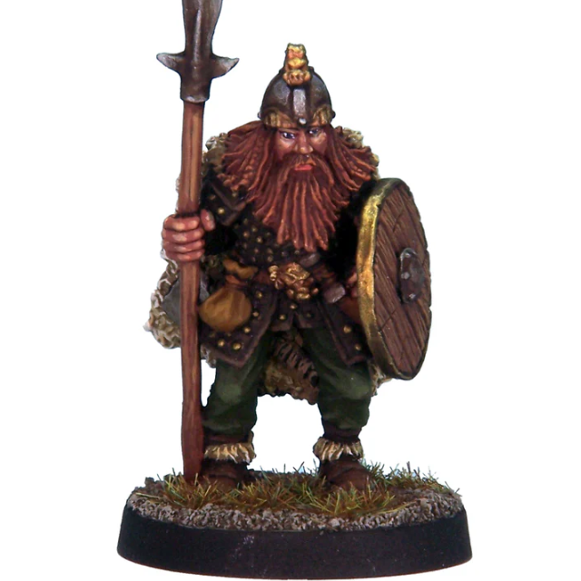 Crooked Dice Barbarian With Spear. Viking warrior figurine with a spear and shield on a white background
