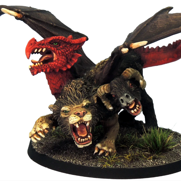 Model of a dragon and a creature with red head on a white background. Crooked Dice Chimera resin fantasy monster miniature lion goat serpent hybrid
