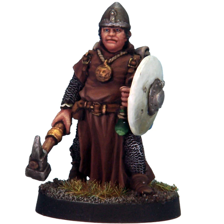 White metal miniature of a helmed cleric holding a hammer and shield, supplied unpainted for tabletop gaming, miniature painting and hobby projects.