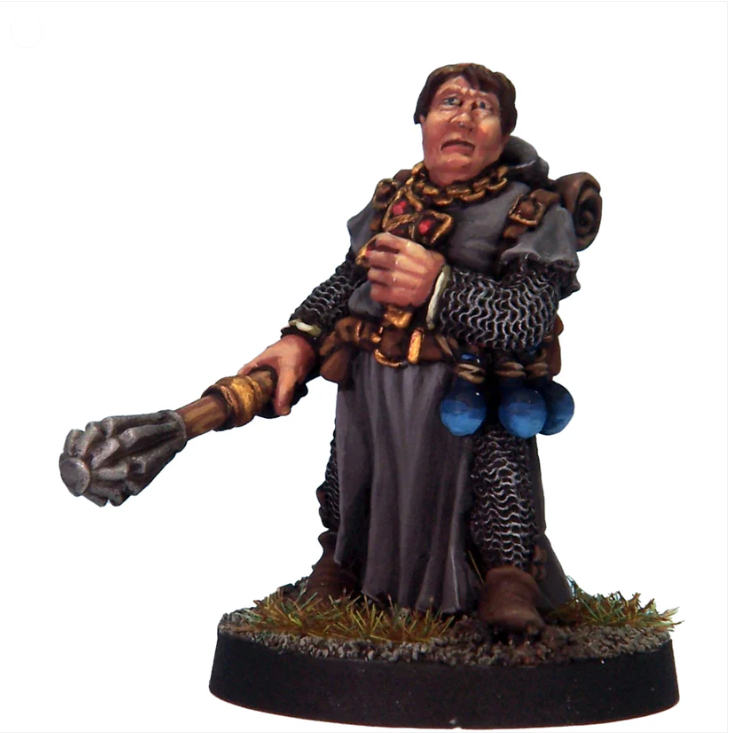 Crooked Dice Cleric Tonsure & Mace. Miniature figurine of a character holding a weapon on a white background