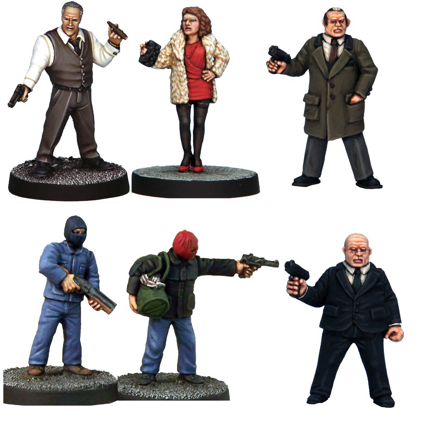 Crime Starter Cast. A set of white metal miniatures featuring skilled criminals for tabletop gaming. Supplied unpainted with 25mm round slot bases. Perfect for skirmishing.
