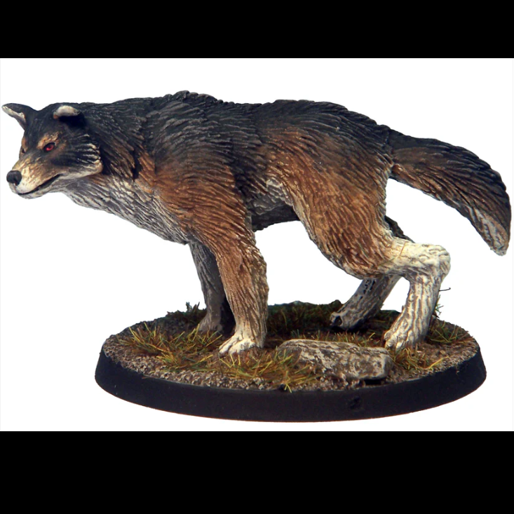 Dire Wolf A resin miniature on all fours with tail raised. 27–28mm scale predator for tabletop gaming, roleplaying encounters, and painting projects.