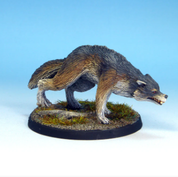 Dire Wolf B resin miniature crouching with teeth bared and ears back. 27–28mm predator sculpt for tabletop RPG, wargames, and painting projects.
