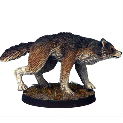 Dire Wolf C resin miniature, standing alert with tail raised. 21–25mm predator sculpt for tabletop RPGs, skirmish games, and painting projects.