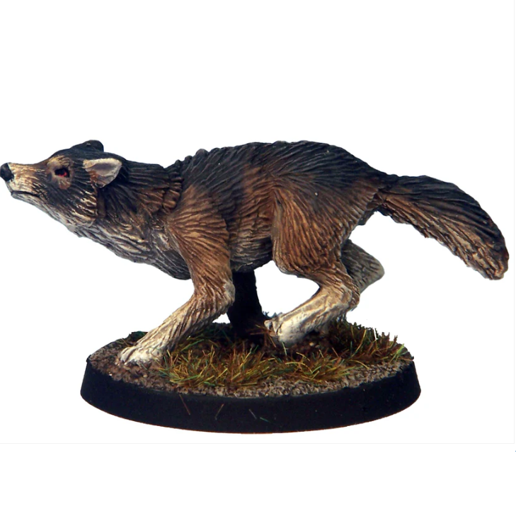 Dire Wolf F resin miniature in low crouch, ready to leap. 21–25mm predator for tabletop RPGs, wargames, and painting projects.
