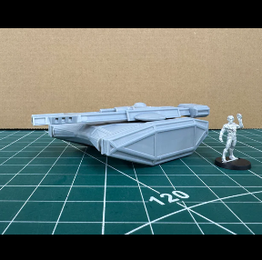 Model spaceship and figure on a grid surface with brown background. Crooked Dice Electron Tank Large sci fi vehicle miniature 120mm model with extended turret unpainted 3D printed kit
