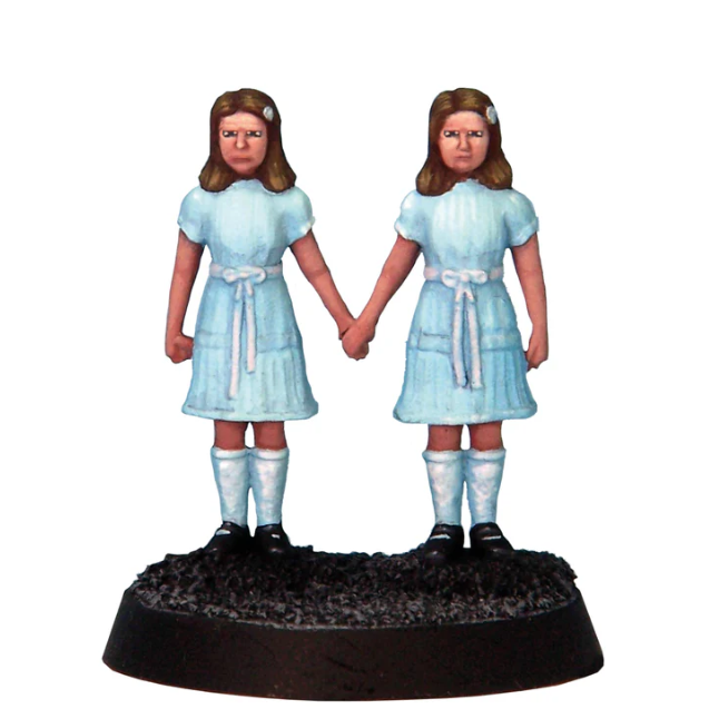 Evil Twins horror miniatures. Two sinister sisters in white metal, haunting hotel corridors. For tabletop RPGs, skirmish games & painting. Supplied unpainted.