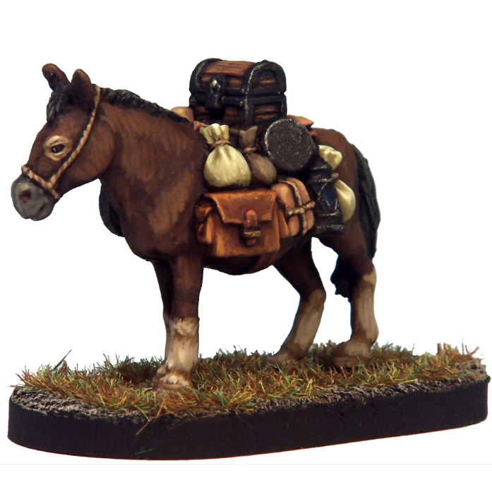 Crooked Dice Expedition Mule. A white metal miniature featuring a fully loaded mule with detailed supplies. Supplied unpainted with a wooden 50mm pill base.
