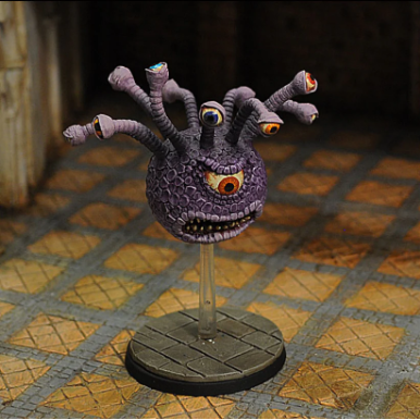 Crooked Dice Eye Tyrant B. Purple monster figurine on a stand with a checked floor background