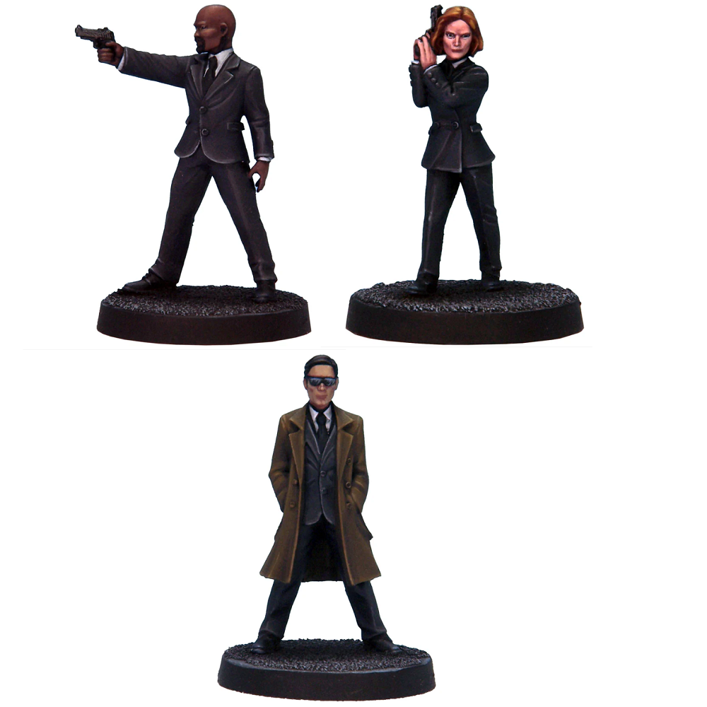 Crooked Dice FBI Agents 2. Three figurines of people in formal attire on a white background
