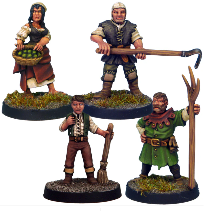 Farmfolk white metal tabletop miniatures set with three male and one female figure unpainted