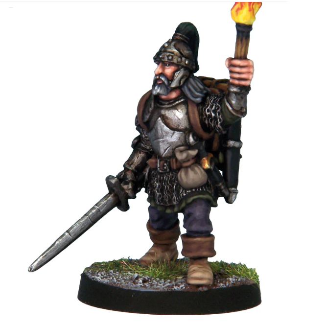 White metal miniature of a human male fighter in plate armour with open-faced helm, holding a longsword and flaming torch, supplied unpainted for painting.