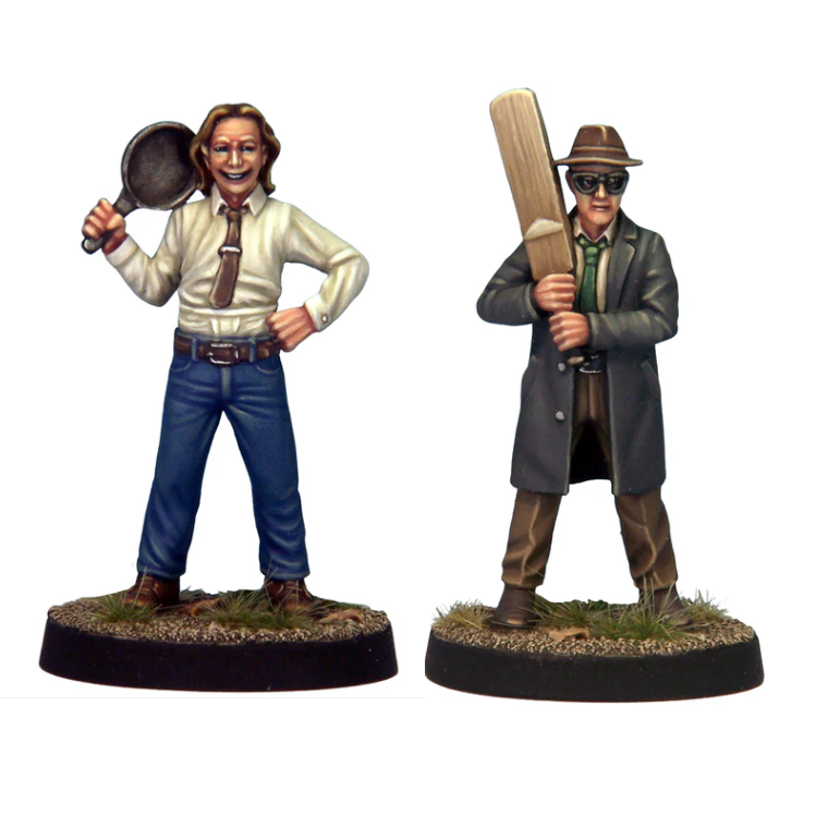 Crooked Dice Foul Flatmates. Two 28mm Foul Flatmates miniatures in shabby clothes, one seated with clutter and one standing, sculpted with expressive faces and fine detail.